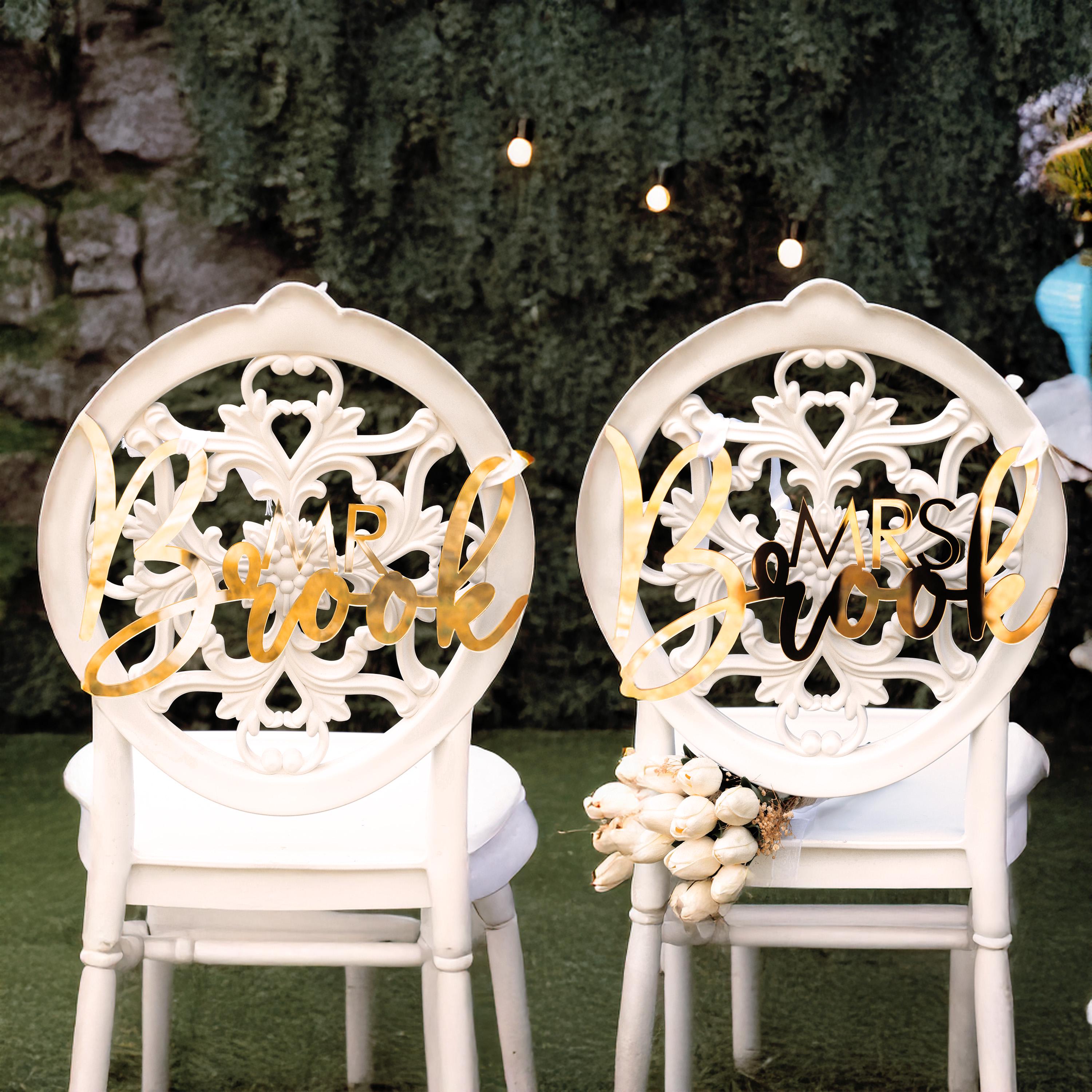 Mr & Mrs Gold Mirror Wedding Chair Signs, Custom Names