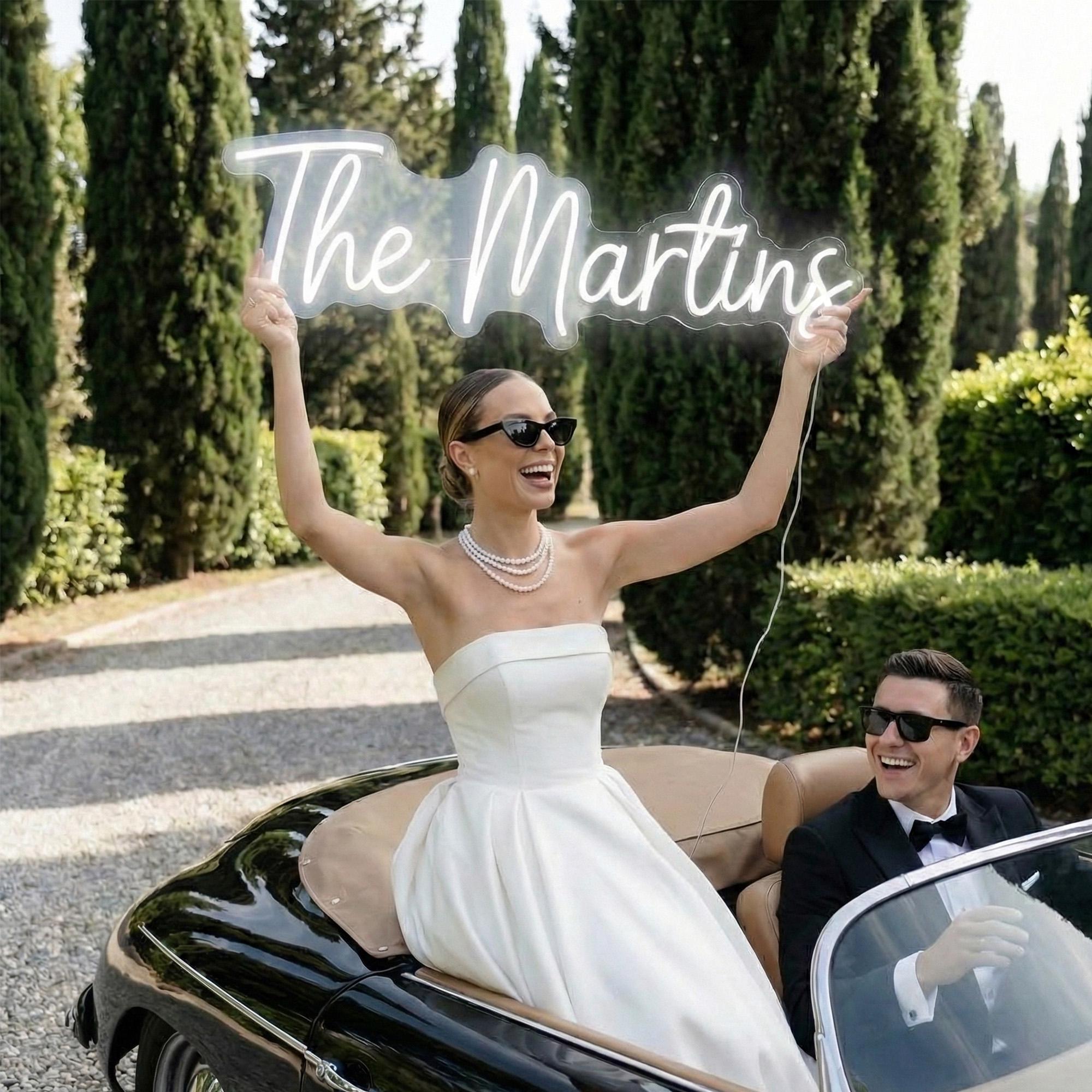 modern custom neon sign for newlyweds couple in the black car