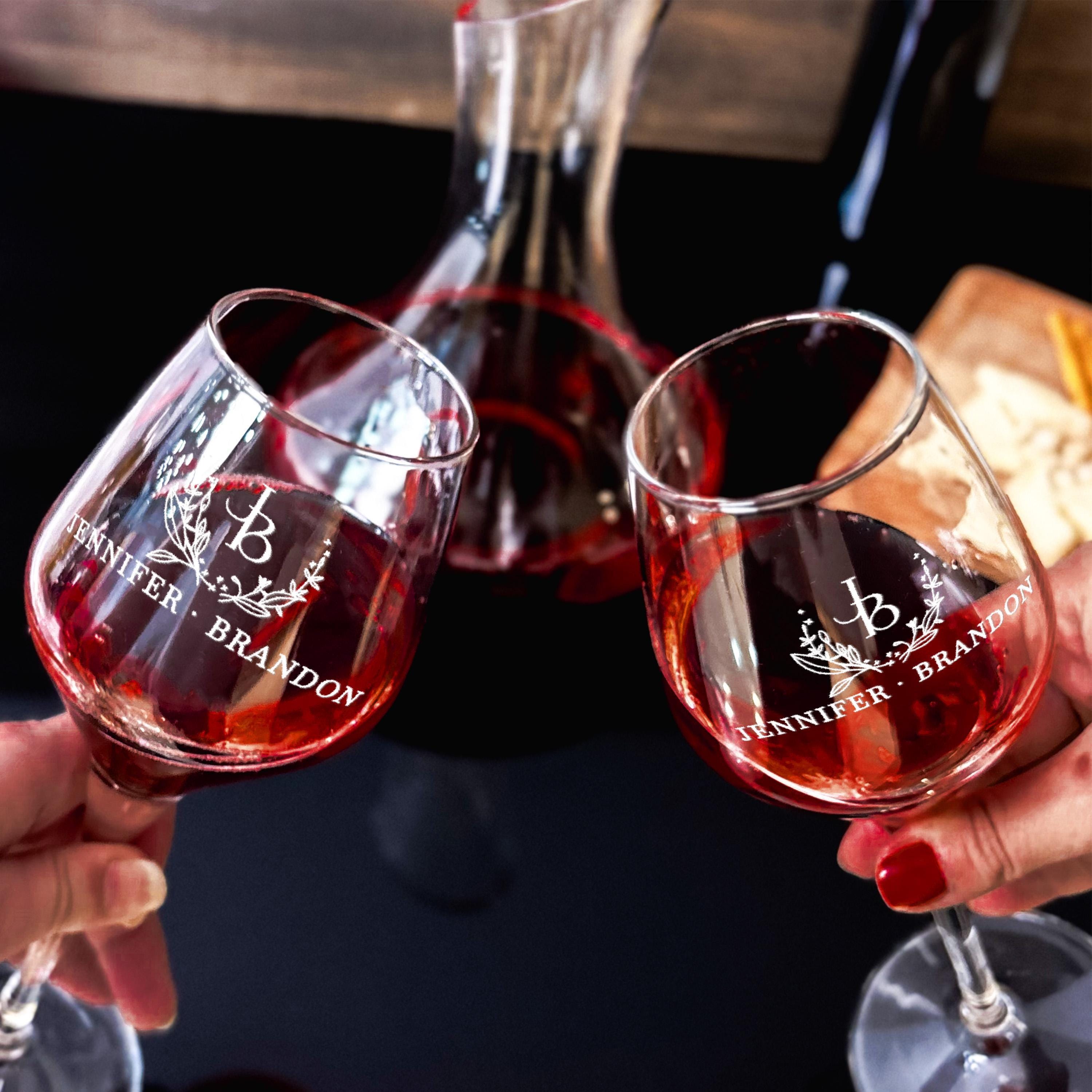 Personalized Stemless Wine Glass and Engraved Decanter Set for Wedding Gifts with Wooden Box