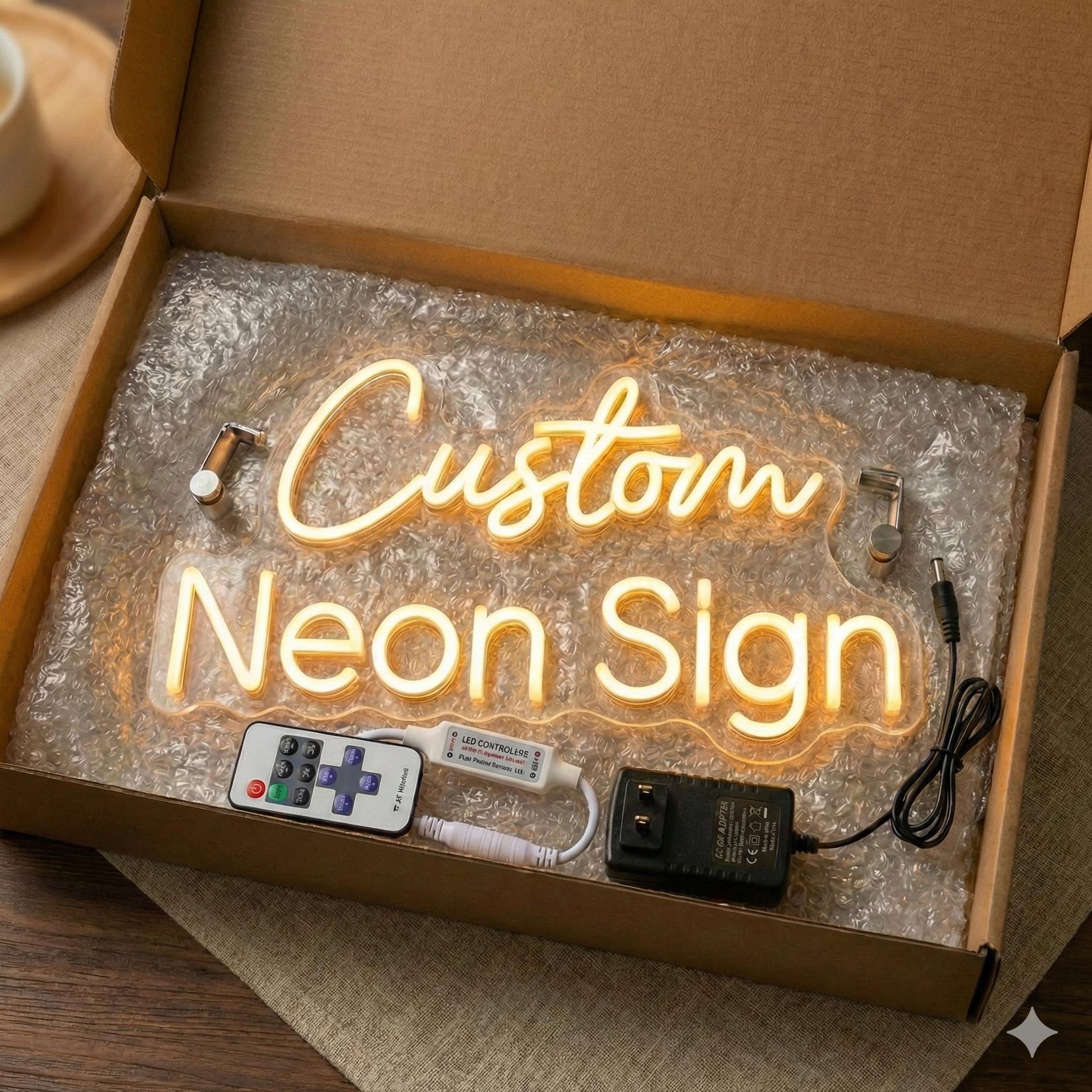 A cardboard box containing a custom neon sign, a remote control, and a power adapter.