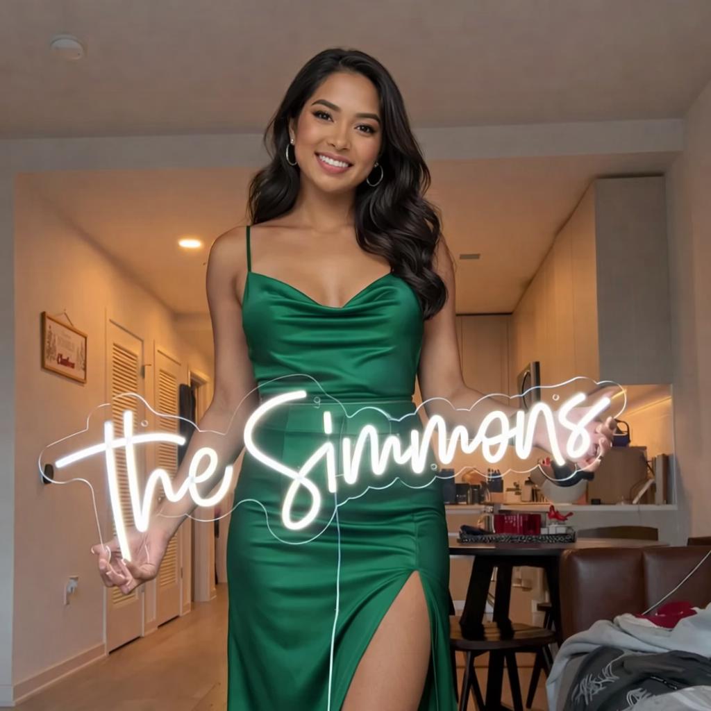 A woman in a green dress is holding a neon sign that says "The Simmons".