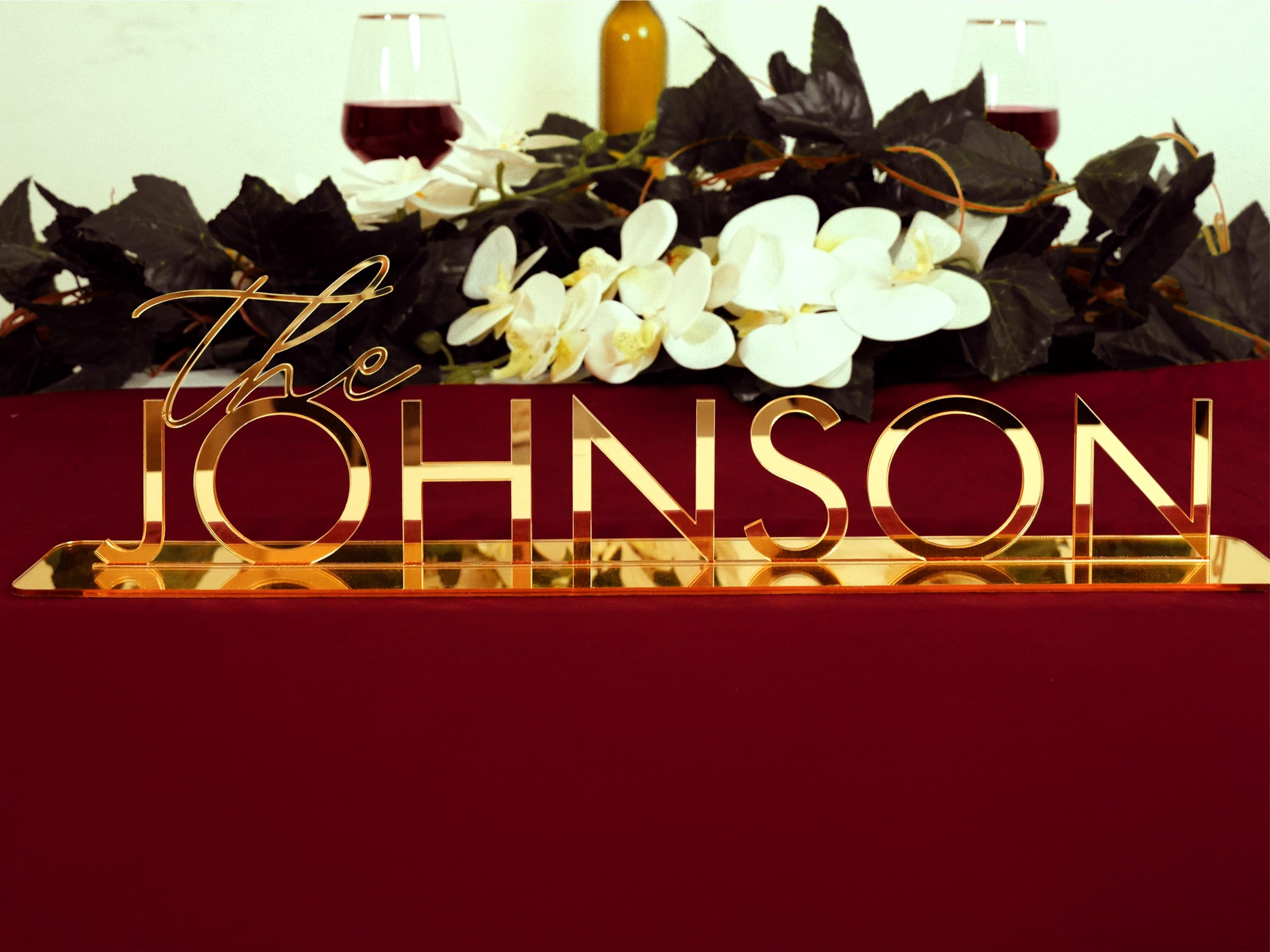Custom Gold Mirror Wedding Sign Sweetheart Table Name Sign Marigold Sunflower Collection