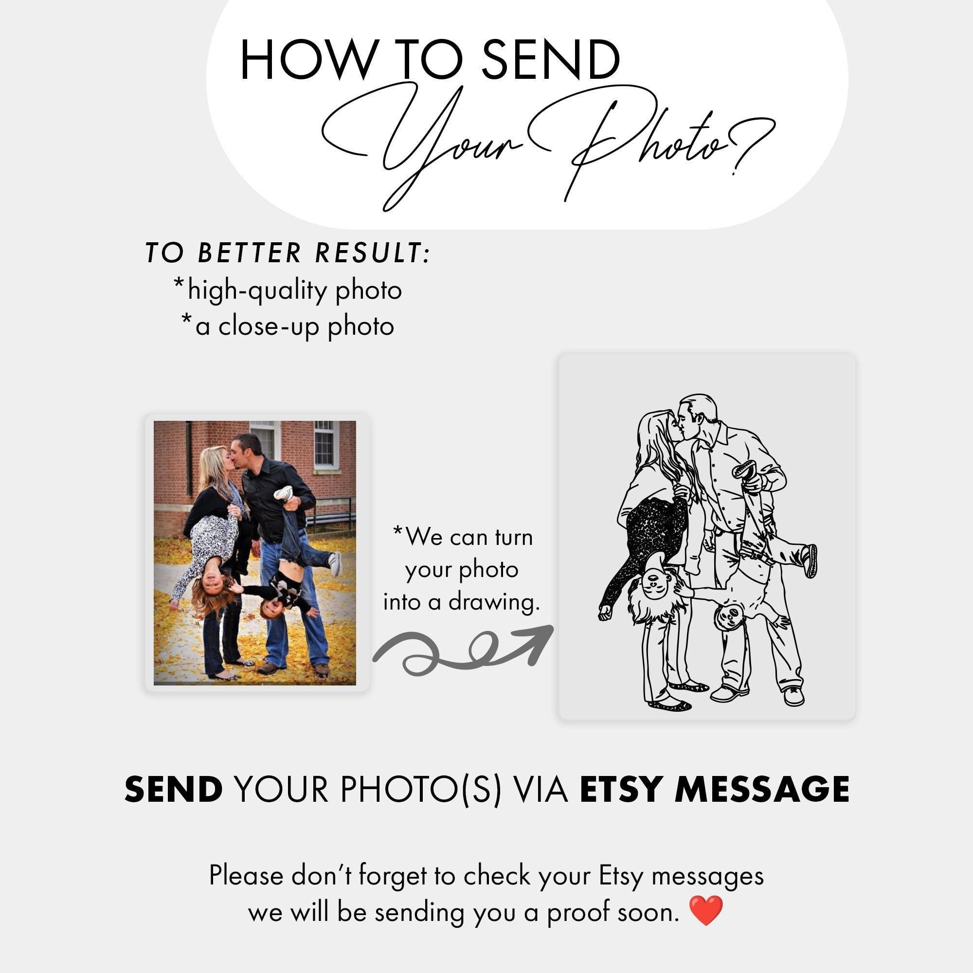 The image is a promotional poster for a service that allows users to send their photos via Etsy message. It features a couple of images: one of a couple posing for a photo, and another of a drawing of the same couple. The text on the poster provides instructions on how to send a photo via Etsy message, including the option to turn the photo into a drawing. The poster also encourages users to check their Etsy messages for proof of the photo being sent.
