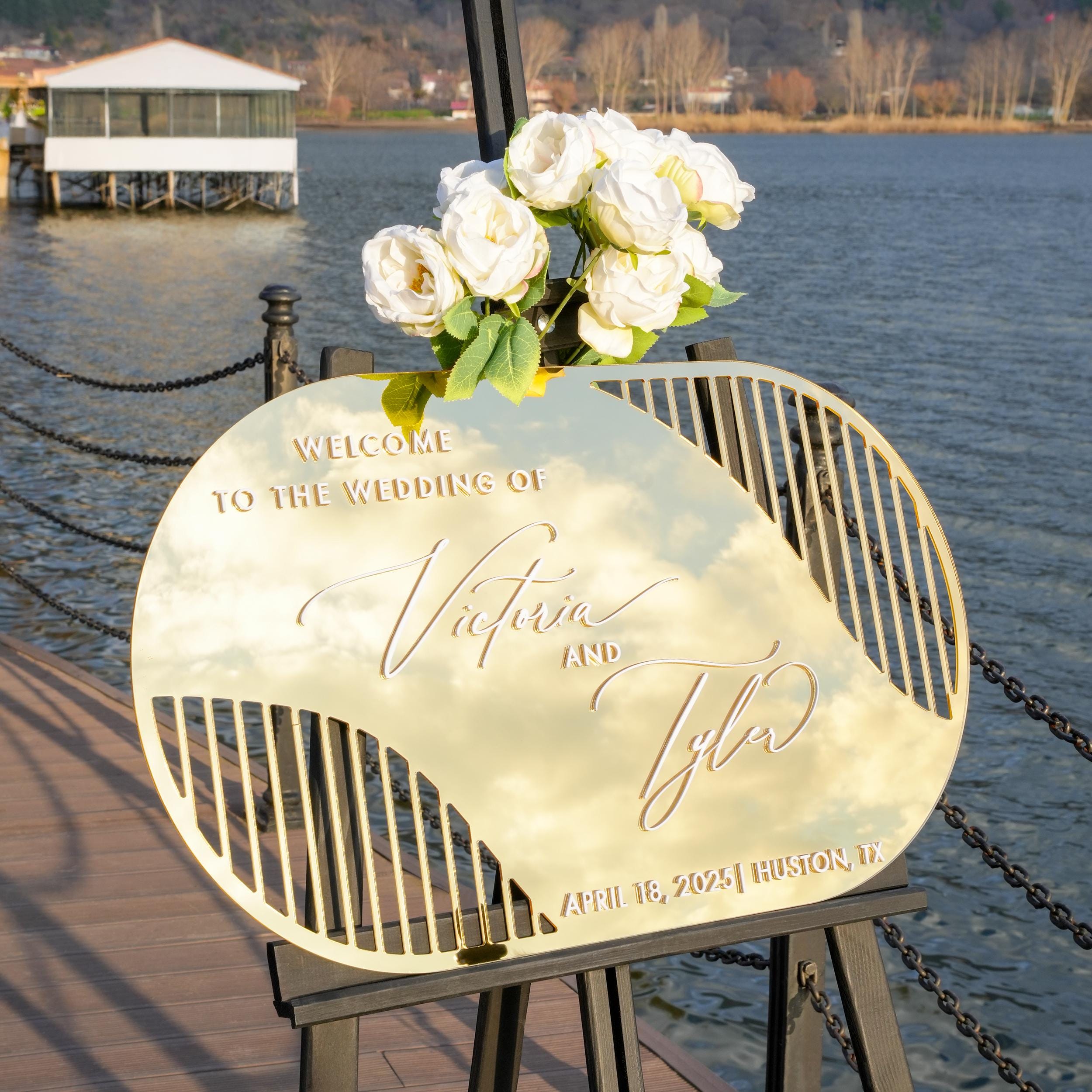 elegant boho gold acrylic wedding welcome sign mirror.