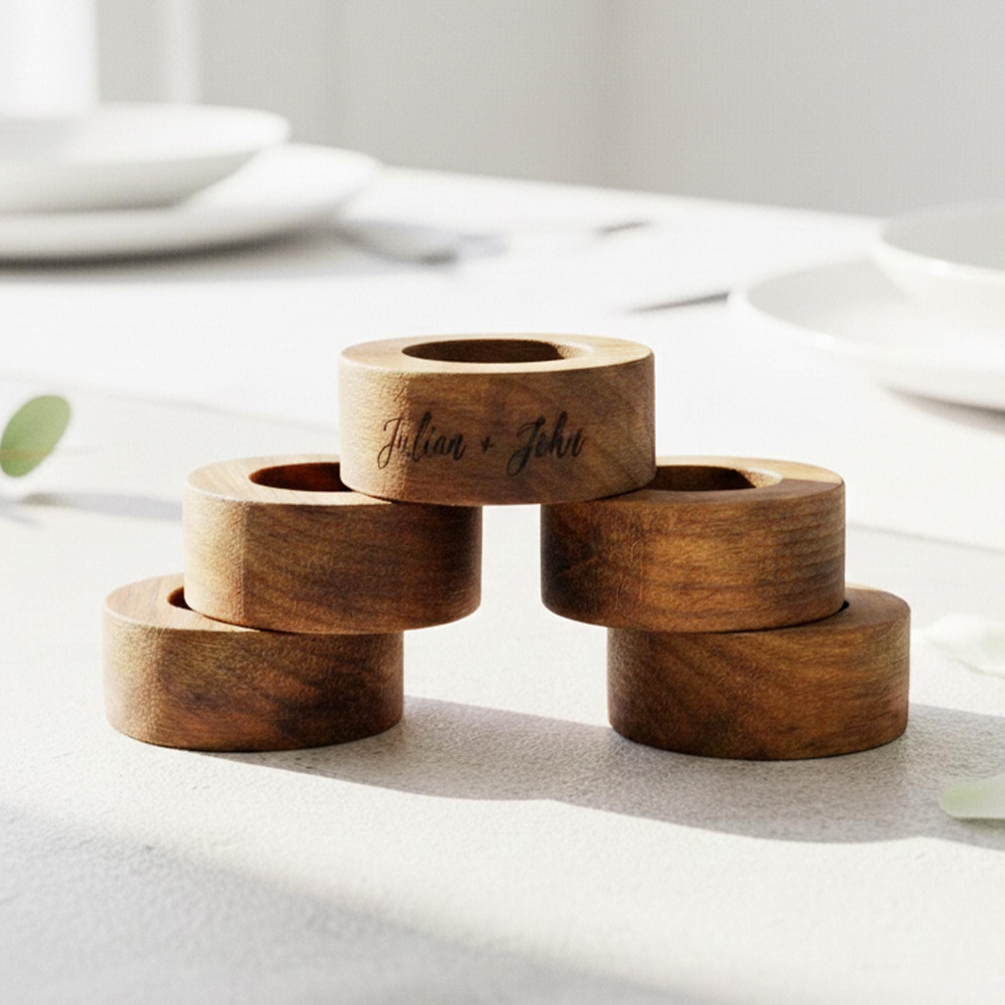 Custom engraved wooden napkin ring with names and wedding date, modern minimalist place setting