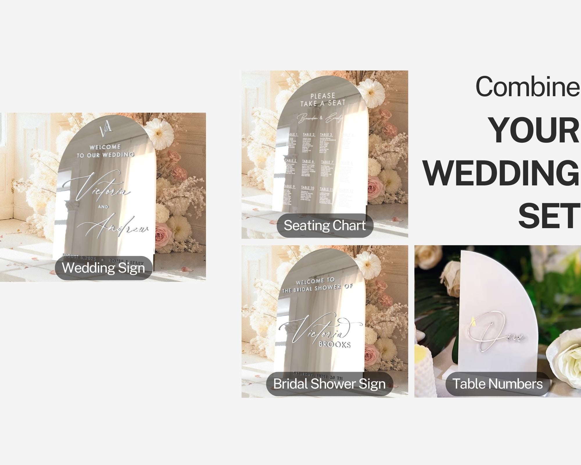 a set of three wedding signs with flowers in the background