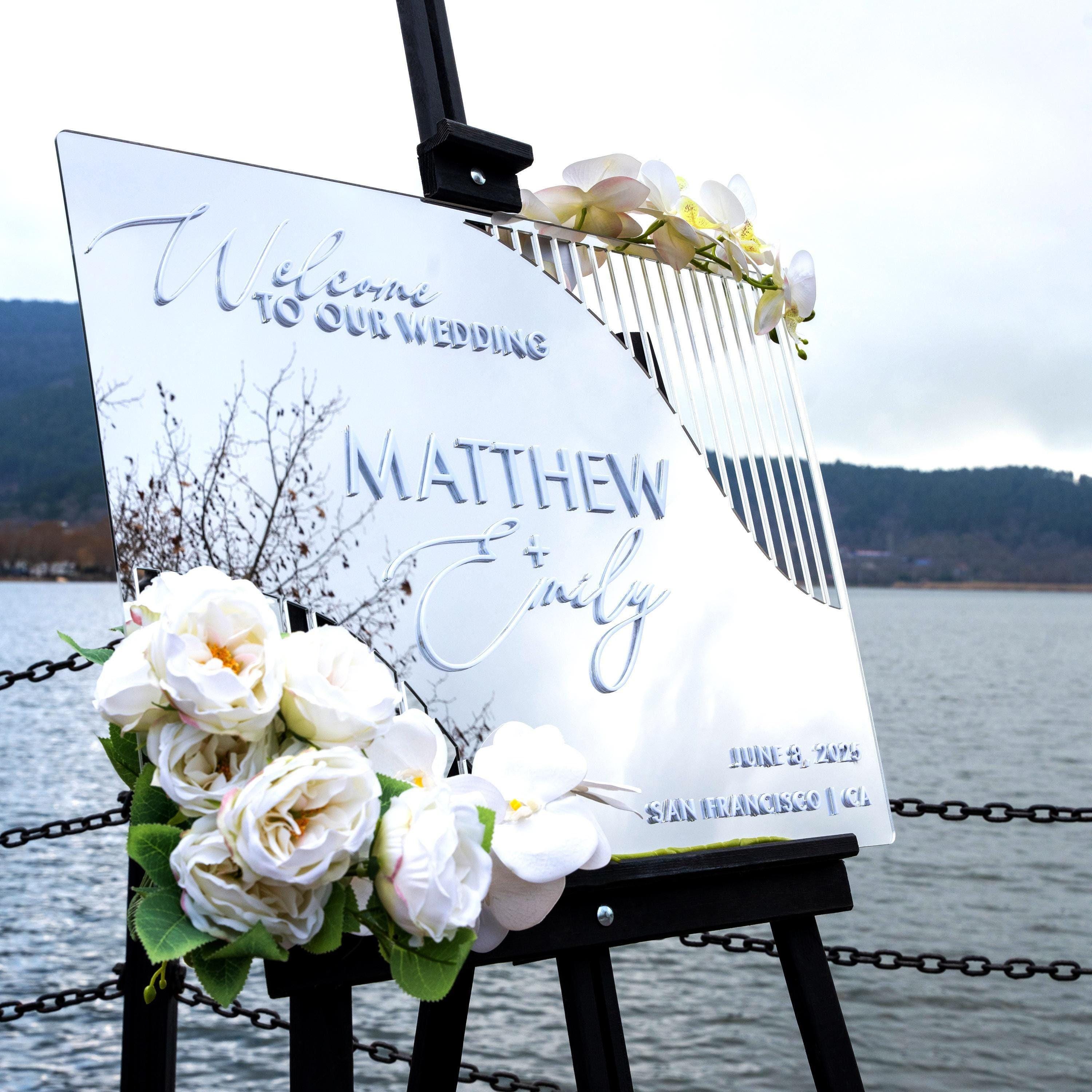 rectangular silver mirror acrylic wedding welcome sign with 3D cut out white text in elegant boho style