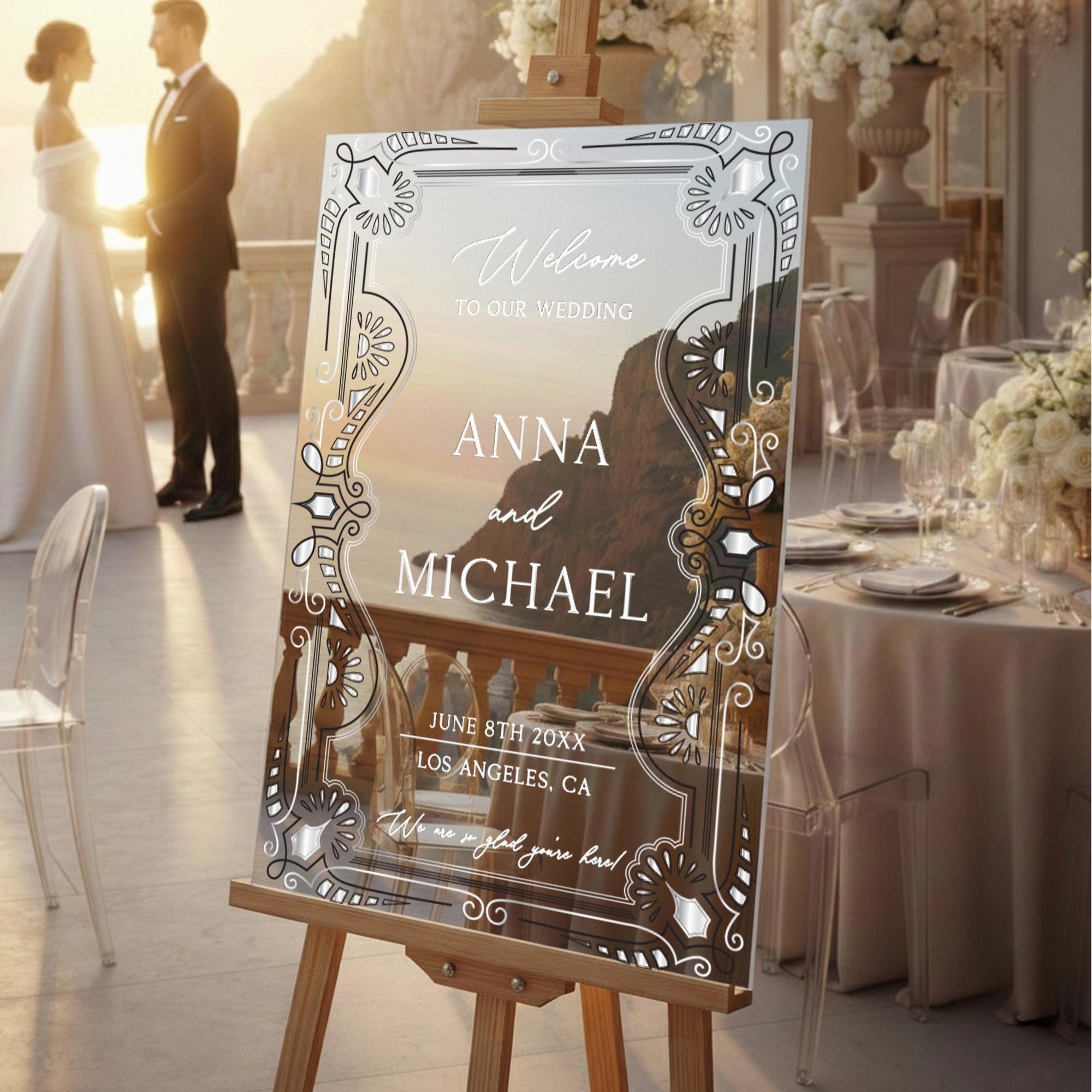 a wedding invitation with a couple's names, Anna and Michael, and a location, Los Angeles, California. The text on the sign reads "Welcome to our wedding" and "JUNE 8TH 20XX LOS ANGELES, CA".