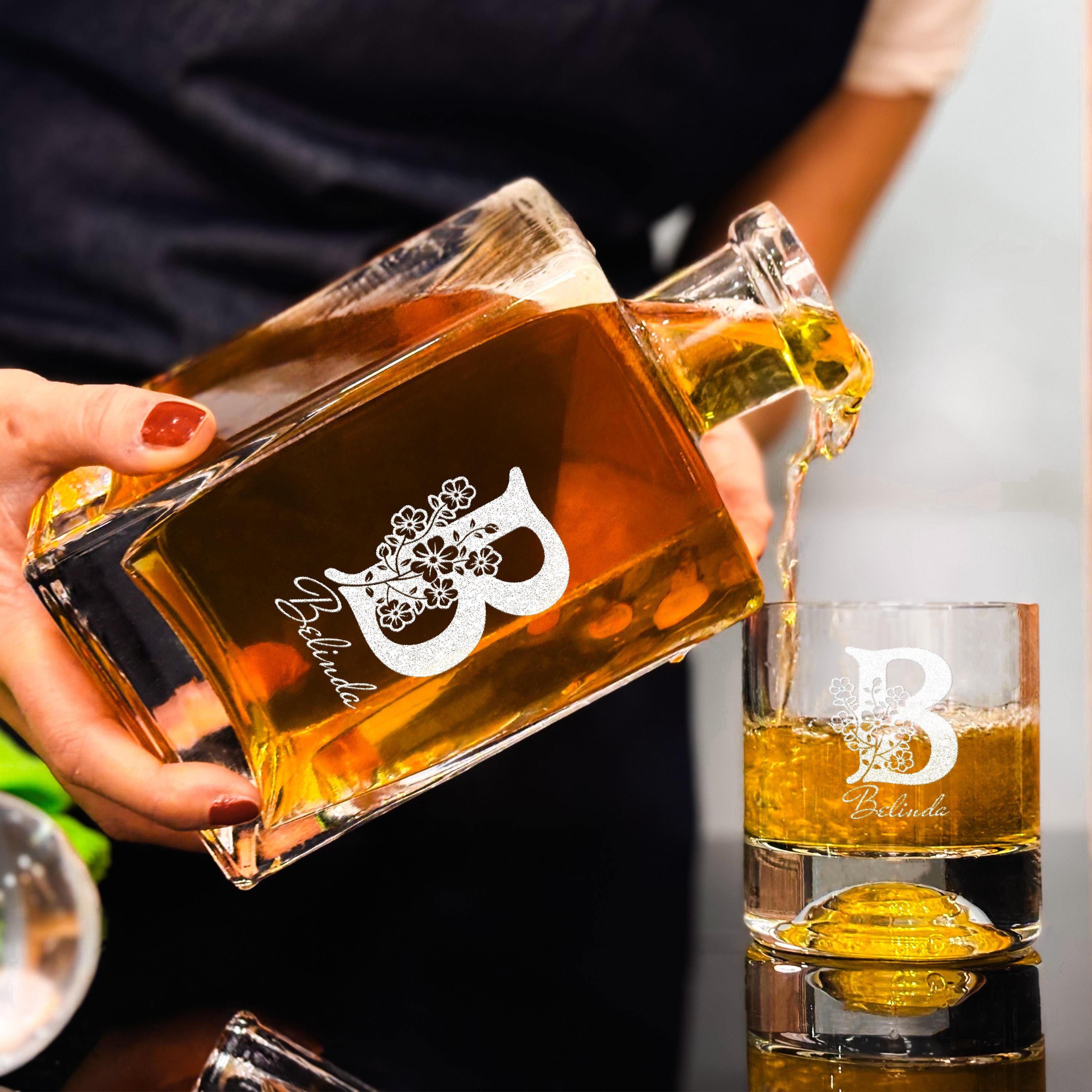 Mom Decanter Set Floral Engraved Whiskey Glasses Personalized Wedding Gift