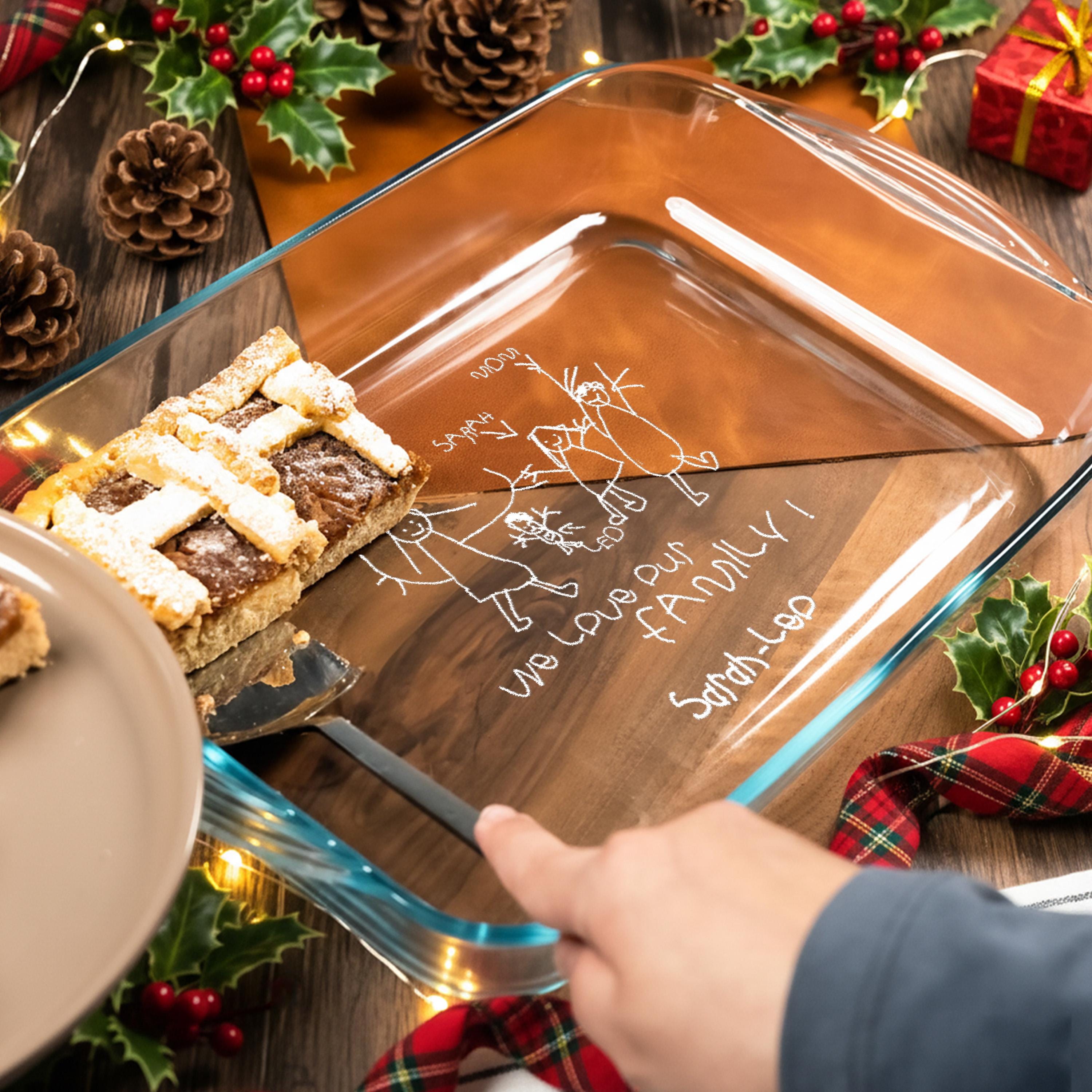 Engraved Glass Casserole Dish Personalized Family Gift Handwritten Bakeware Unique Kitchen Gift