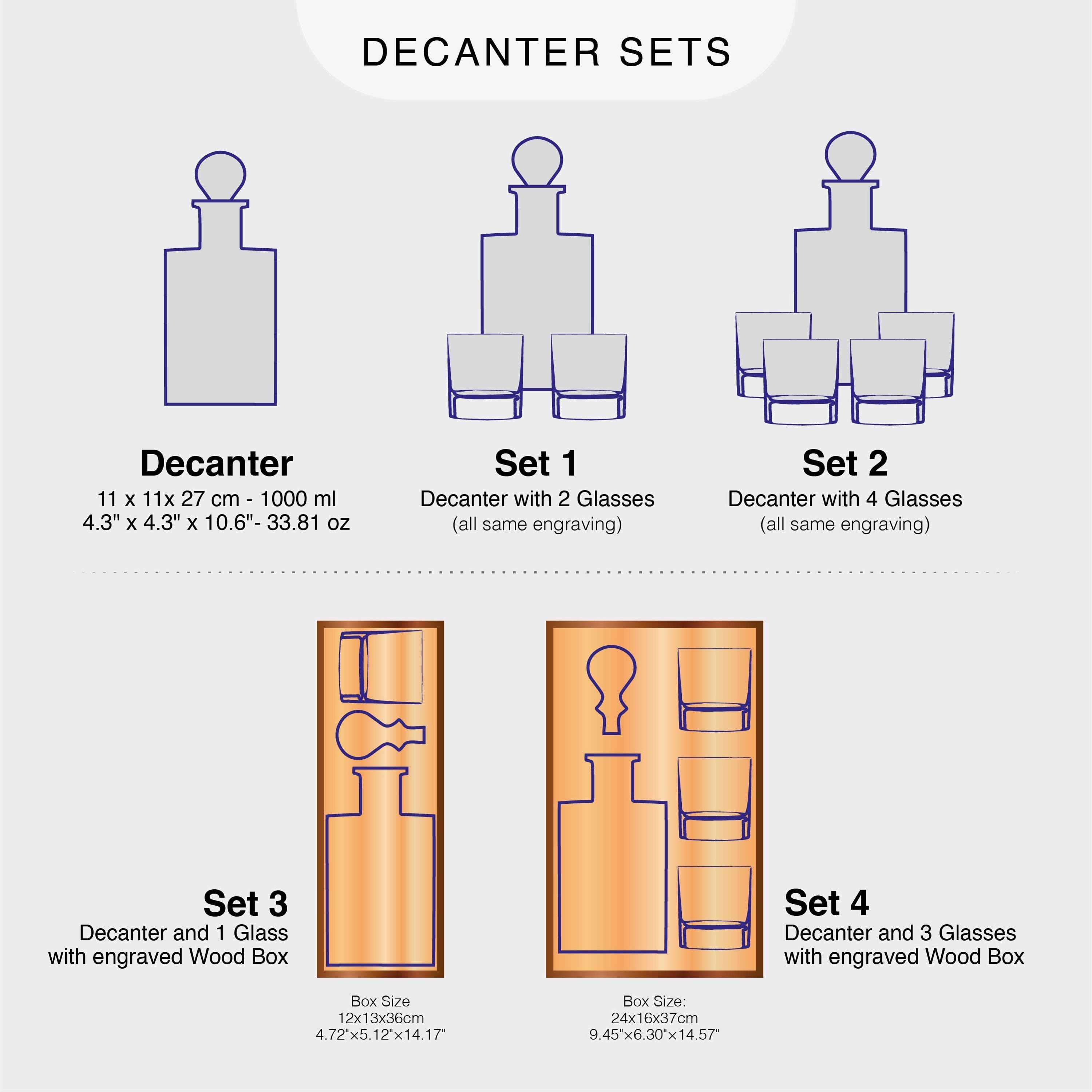 three different decanter sets, each with a unique design and set size. The first set consists of a decanter with 2 glasses, the second set has 4 glasses, and the third set features a decanter and 3 glasses with engraved wood boxes.