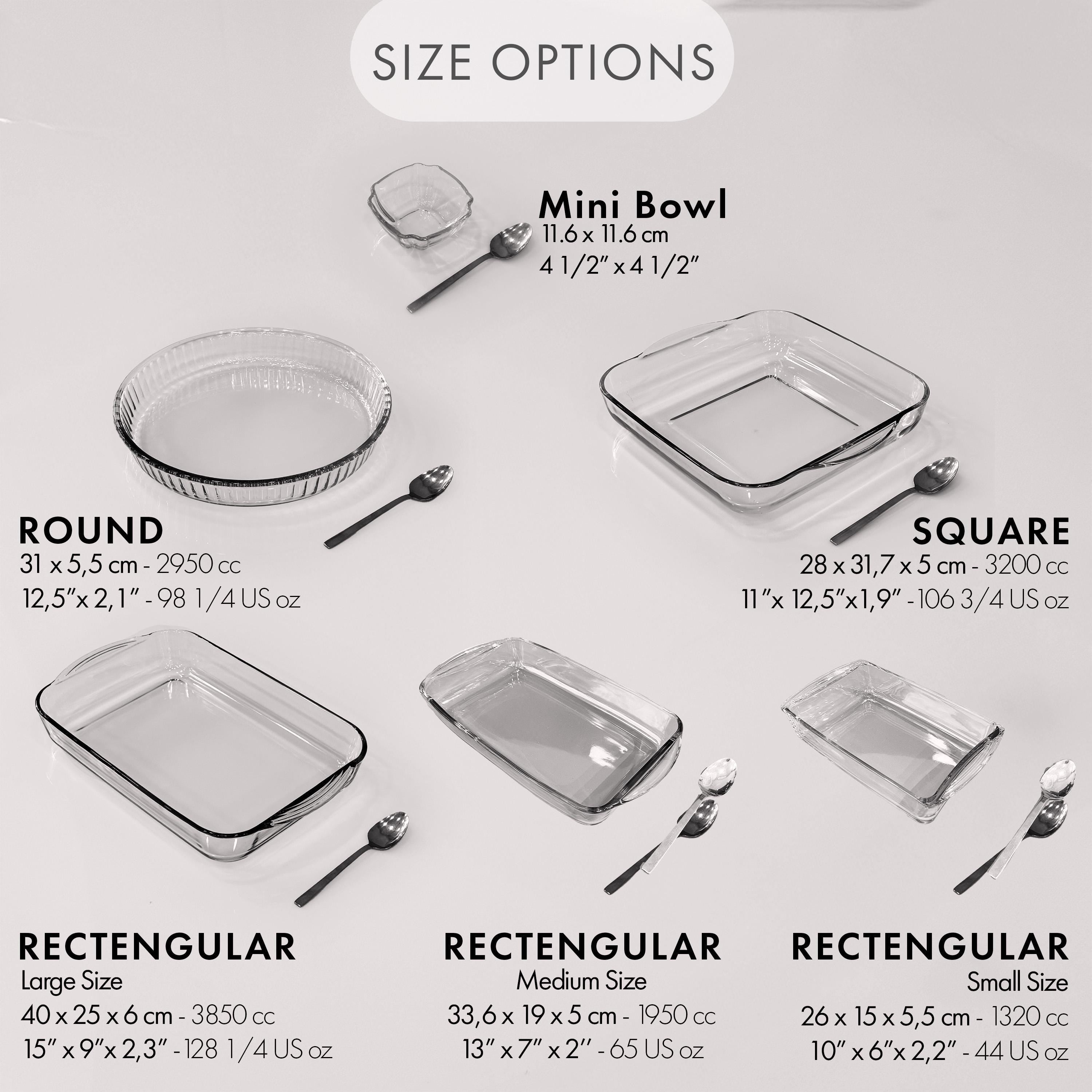 a variety of glass baking dishes and utensils, including a mini bowl, round, square, rectangular, and recangular shapes, as well as a spoon.