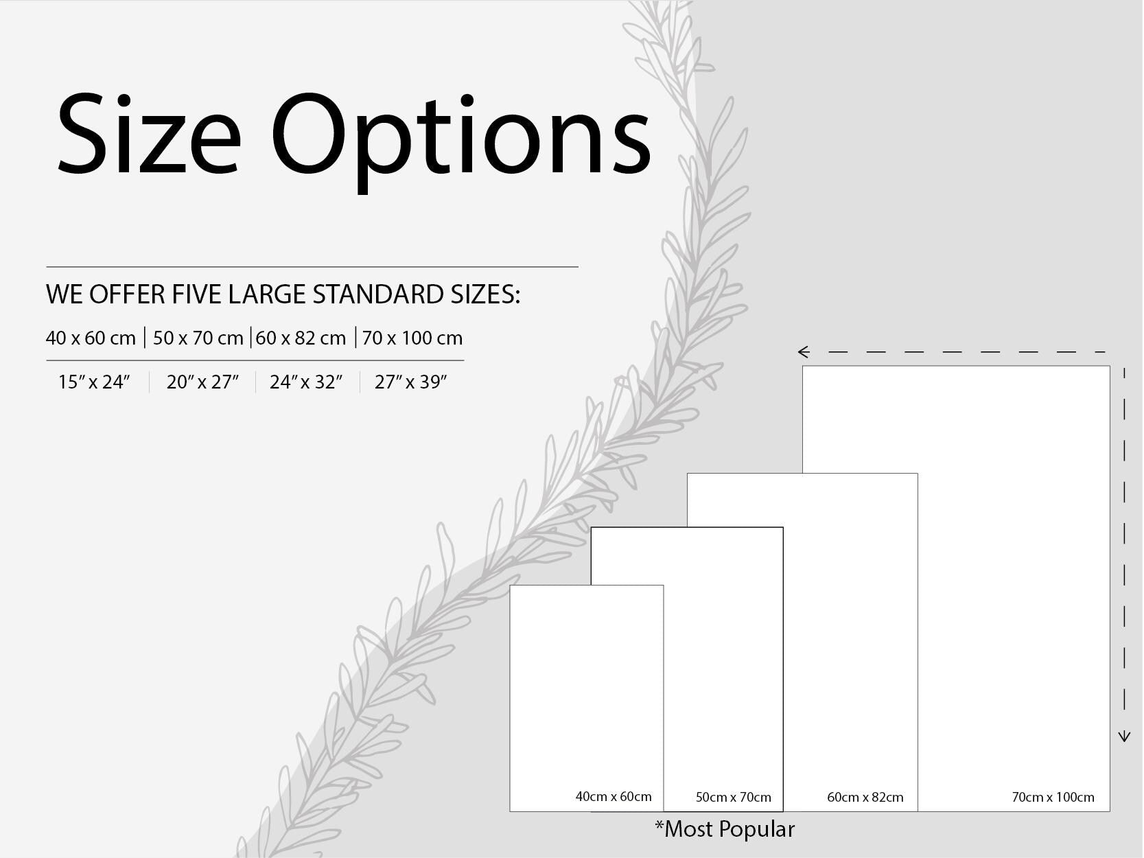 a sheet of white paper with the words size options on it