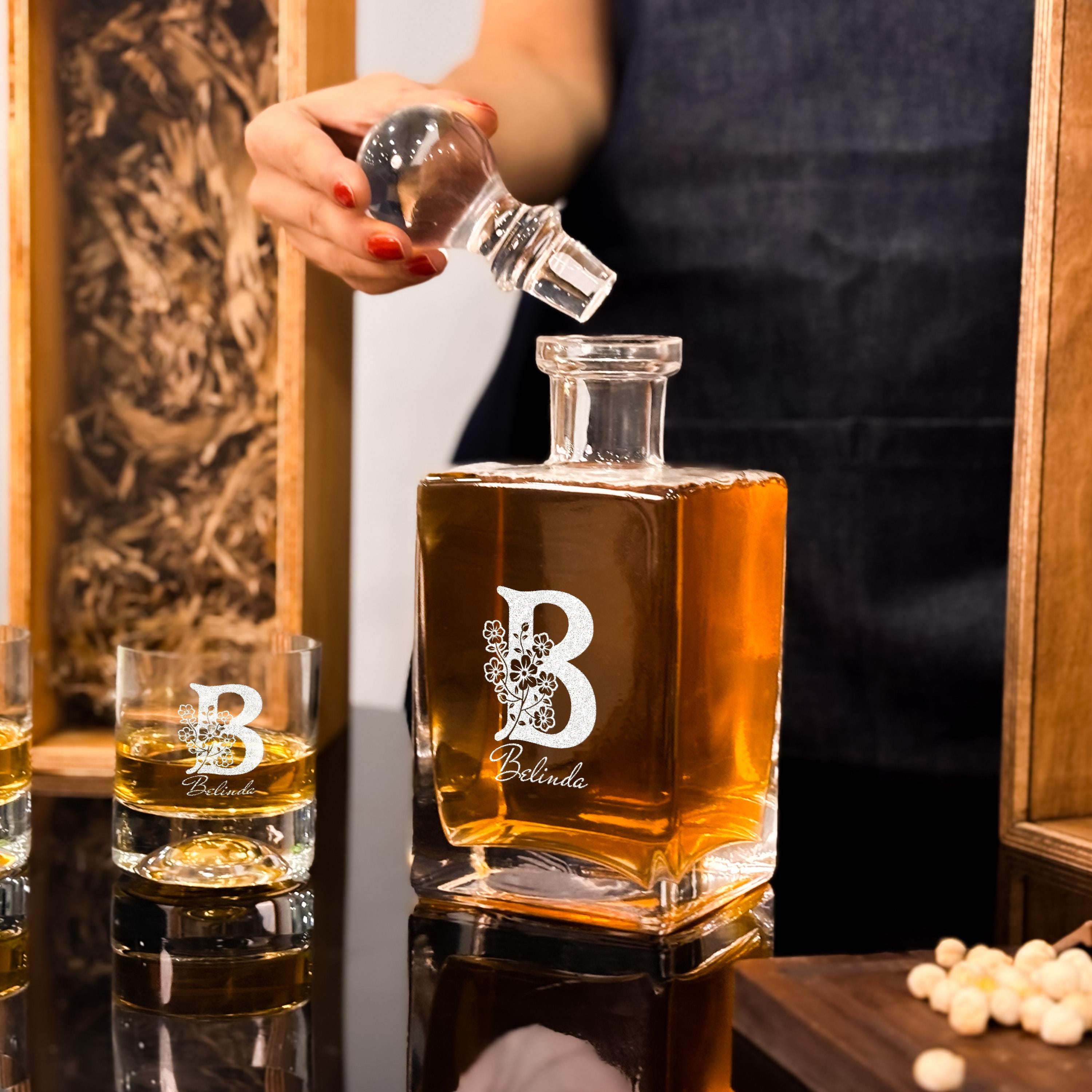 Mom Decanter Set Floral Engraved Whiskey Glasses Personalized Wedding Gift