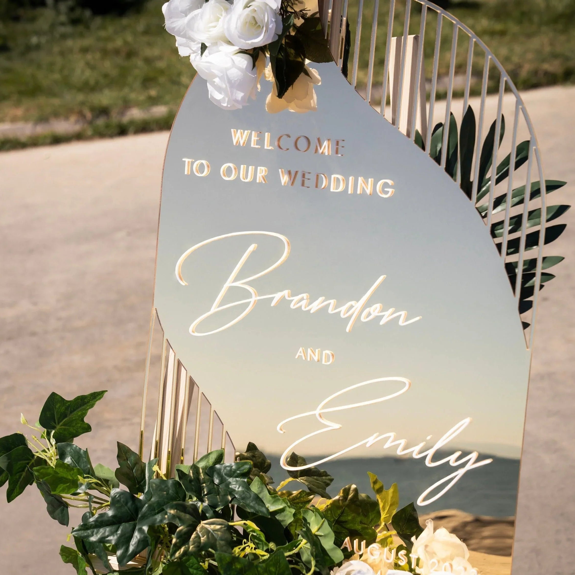 Arch wedding welcome sign made from gold mirror acrylic, Rome Collection design for elegant wedding entrances