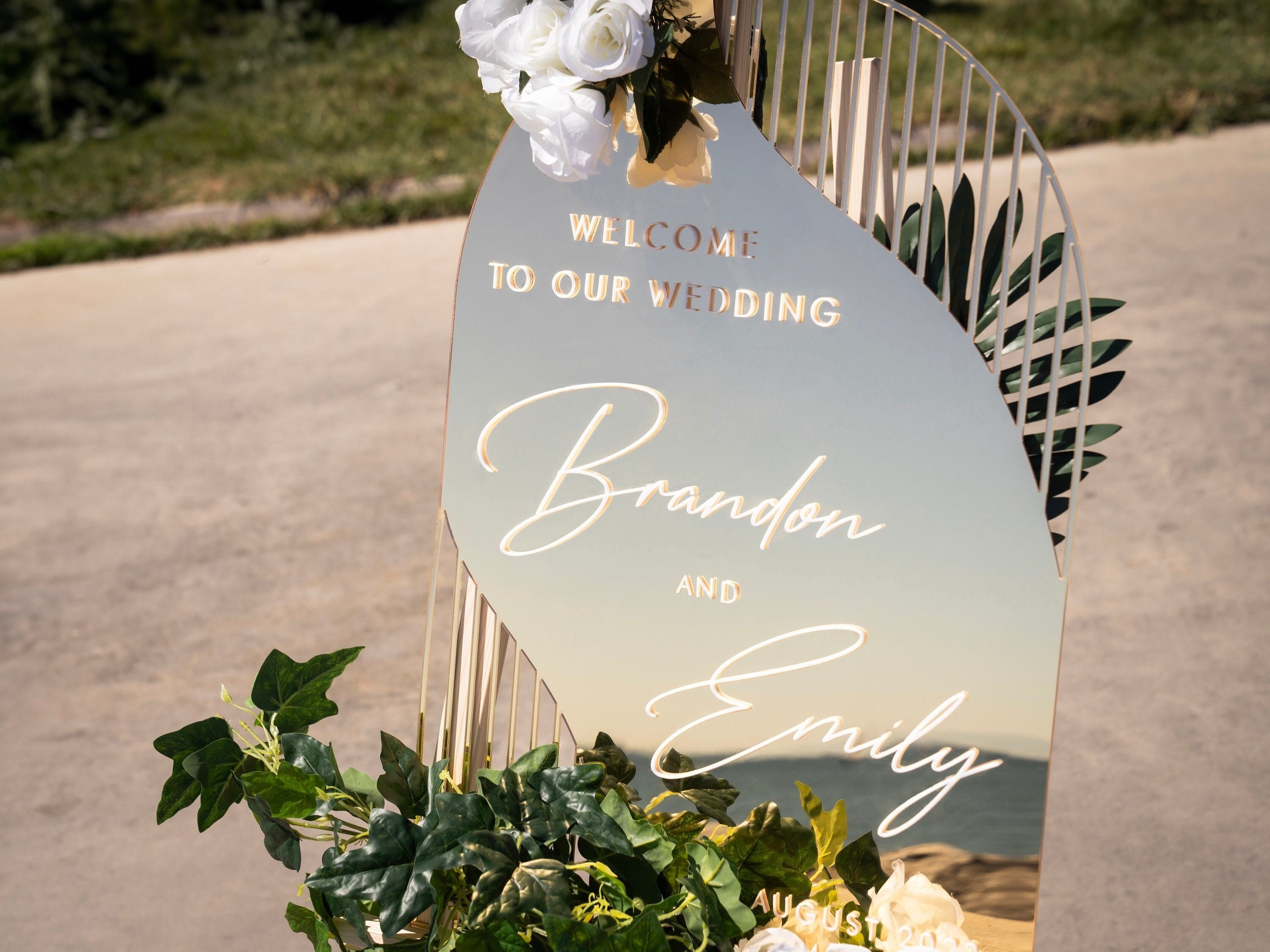 Arch wedding welcome sign made from gold mirror acrylic, Rome Collection design for elegant wedding entrances